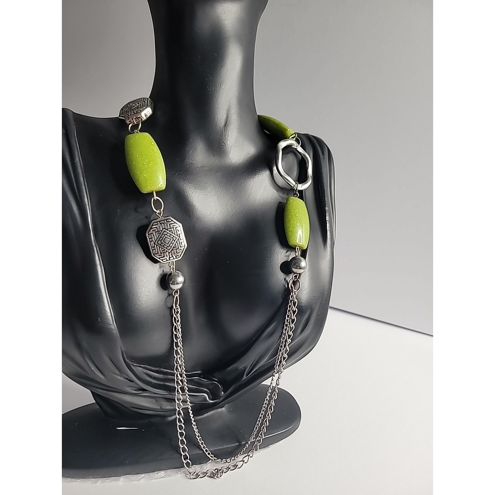 Boho‎ Lime Green Bead Silver Tone Statement Necklace Geometric Chain Necklace